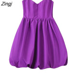 2022 Women Sexy Strapless Corset Style Purple Mini Ball Gown Dress Female Zipper Fly Pleats Design Party Vestidos