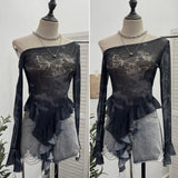 Millennial Y2k Babes Oblique Shoulder Thin Mesh Print Top Irregular Lotus Leaf Side Ribbon Short T-Shirt