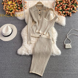 Women 3 Piece Set 2021 Autumn New Korean Style Temperament Fashion Suit Plaid Knitted Cardigan Bottoming Camisole