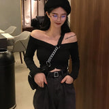 Sexy Off Shoulder T Shirt Women Fashion Casual Solid Color Tshirt Trendy Slim Crop Tops New Long Sleeve