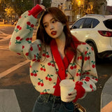 Women Long Sleeve V-Neck Print Sweet Comfortable Femme Cardigan Knitted Wear Casual All-match Warm Student Autumn