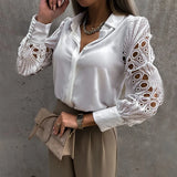Casual Lace Patchwork Shirt Top For Women Spring Long Sleeve White Shirts Woman Elegant Hollow Out Button Blouses
