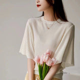 Wan Feminine Taste Splicing Flounce Sleeve Comfortable Round Collar Knitting Five Minutes Sleeve Jacket