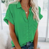 Summer Office Lady Solid Tops and Blouses Casual Turn-drow Collar Shirt for Women Elegant Short Sleeve Loose