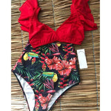 Ruffled Hem Bikini Set Women Flora V-Neck High-Waisted Two Piece Swimsuit 2023 Girl Beach Bathing Suit Swimwear