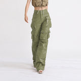 Australian Temperament High-Waisted Casual Leather Pants 2025 Summer New Fashion Design Style Interface Bag Loose Worker Pants