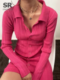 Women Sexy Sweater Dress Turndown-Collar Long Sleeves Elastic Pencil Dress Autumn Button Bodycon Stripe knitted