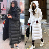 Down Jacket Female 2024 New Long Over The Knee Waist Hooded Belt Winter Net Red And White Duck Down Coat Tide-Outfit