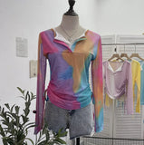 Fake Two Sunscreen Long-Sleeved T-Shirt Women Autumn Design Dizzling Drawstring Folding Short Top