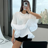 Zingj Summer New Fashion Temperament Slim Show Thin Round Collar Flounce Splicing Design Sense Short-Sleeved Women's