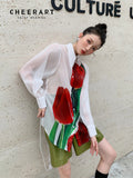 Mesh White Button Up See Through Shirt Oil Painting Lantern Sleeve Top Floral Transparent Shirt High Fashion Fall