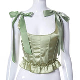 Solid Square Collar Patchwork Sleeveless Backless Lace Ribbons Y2K Corset Tops Summer Women Sweety Sexy