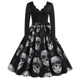 Midi Women Halloween Dress Autumn Winter Vintage Printed V-Neck Long Sleeve Swing Party Festival Sundress S~3XL