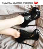 Onlymaker Women's Black Red Platform Ankle Boots High Heels Lace Up Patent leather Stiletto Sexy Lady Fashion Sexy
