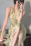 Sexy Sleeveless Neck-mounted Party Maxi Dresses for Women Halter Spaghetti Strap Folds Midi Dress Elegant Fashion