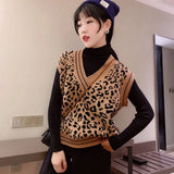 Leopard Pattern Knitted Sweater Vest Women Loose Sleeveless Fashion Short Pullover Sweater Vest Female Spring Autumn