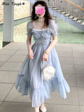 Blue Elegant Fairy Dress Women Bow Bandage Party Midi Dresses Casual Korean Fashion Lace Chic Lolita Dress Female