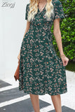 Floral Printed Beach Dress Women Boho Short Sleeve V Neck Split Elegant A Line Party Holiday Dress Casual