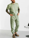 Summer Long Sleeve Stand Collar Zipper Romper For Men Casual Simple Long Pants Homesuit Fashion Mens Solid Lace-up