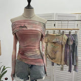 Real Shooting Design Dizzling A Word On The Shoulder Of The Women's Net Exposed Shoulder Long Sleeves Irregularly Folded Short T-Shirt