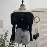 Sexy Wind Shoulder Hair Knitted Shirt Girl Short To Make Old Broken Long-Sleeved T-Shirt Top