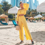 Bikini Beach Cover Up Swimsuit Two Piece Sets Women Swimwear Summer Crop Tops and Wide Leg Pants Suit Sexy Beach