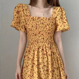 for Women Sweet Puff Sleeve Floral Print Square Collar Mid-Calf Summer Dress Korea Chic Slim Women's Summer