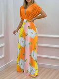 Casual High Waist Commute Bat Sleeve Jumpsuits Women V Neck Wide Leg Pant Playsuit Fashion Printed Pants Office