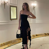 Ruffle Fringe Double Slit Tube Midi Dress-Outfit