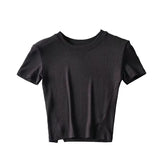Zingj New Summer Round-Neck Tight Short Blouse Sexy Hem Split Split Short-Sleeved T-Shirt