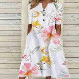 V Neck Short Sleeve Button Party Dress Women Vintage Printed Dress Casual Loose Flower Ladies Dresses Vestidos