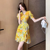 Style French Retro Floral Snowy Dress Women's Summer New Sanya Beach Irregular