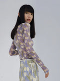 Lilac Tulip Floral Mesh Top Long Sleeve Tees See Through T Shirt Women Tshirt Turtleneck Ladies Top Korean