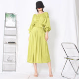 Romantic Green Pleated Dress Spring 2025 New Round Collar Long Sleeve Waist Show Thin Flounces