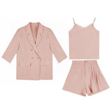 Elegant 3 Pieces Blazer Set Women Buttons Jacket & Sleeveless Camisole & A-line Shorts 2021 Summer Short Suits