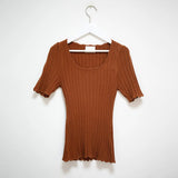 Ribbed Maille T-Shirt Women Summer Ruffles Elastic Slim Square Neck Elegant Tshirt Tops 2021 Fashion Tees