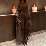 Collar Solid-Color Splicing T-Shirt With Metal Buckle Long-Sleeved Jumpsuit Fashion Casual Tight Jumpsuit
