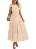 Spring And Summer Women's New Fashion V-Neck Folding Bubble Sleeve Layer - Big Swing Dress