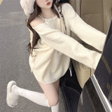 Zingj / Winter 2024 New Pure Desire Pearl Off-The-Shoulder Sweater Sweater Top Broken Hole Design Sense Long Sleeve Top Female-Outfit