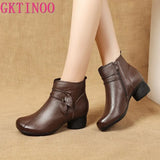 2021 New Autumn Winter Thick Heel Ankle Boots Women Warm Boots Shoes Handmade Genuine Leather Flowers Zipper Retro
