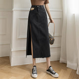 Long Maxi Denim Skirt for Women's Y2k Korean Fashion 2023 Female Loose Sexy Side Slit Open Legs Skirts Jeans Retro Bag