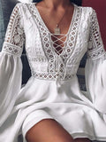 Celmia Summer White Lace Mini Dress Sexy Women Deep V Neck Hollow out Beach Sundress Fashion Puff Sleeve Party