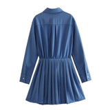 Blue Shirt Dress Woman Striped Pleated Short Dresses For Women Long Sleeve Casual Summer Women's Dresses Button Mini