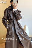 Spring Autumn Long Loose Brown Pu Leather Trench Coat for Women Belt Double Breasted American and European Fashion