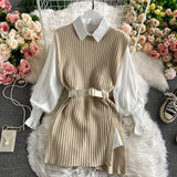 Zingj 2023 New Korean Version Of The Thin And Long Shirt With A Waist Knit Vest Two Sets Of Autumn And Winter Suit Women-Outfit