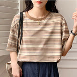 Shirts Women Striped Casual Cotton Tee Shirt Femme O Neck Loose Tops Short Sleeve Thin Summer Fashion Tshirt T-Shirts