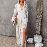 2022 Summer Vintage Women Sexy Maxi Dress Long Sleeve Embroidery See Through White Lace Long Beach