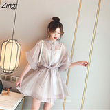 Set Mini Dress Korean Short Sleeve Stand Organza Belt A Line Dress Women Summer Casual Office Dress+Cotton Base
