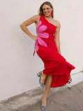 Flower Printed Waist Hollow Out Midi Dress Women Sleeveless Back Zipper Split Robes 2024 Fashion High Street