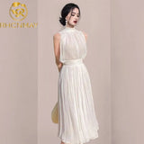 Sexy Design Fashion Summer Chiffon Two Piece Set Women Stand Collar Elegant Sleeveles Shirts + High Waist Pleated Skirt
